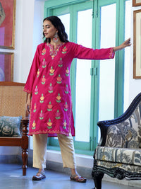 House of Chikankari Women Pink Cotton Aari Sulam Kurta