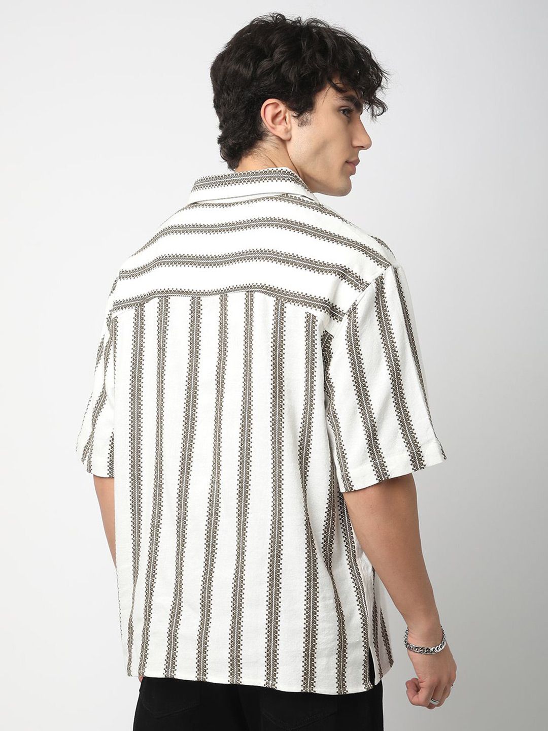 VASTRADO Men Classic Vertical Stripes Self Design Cotton Oversized Casual Shirt