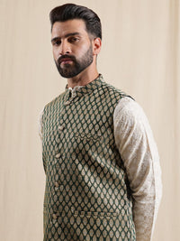 Motif Etnik Anouk Bersulam Kolar Mandarin Kurta Jodhpuri Dengan Piyama & Jaket Nehru