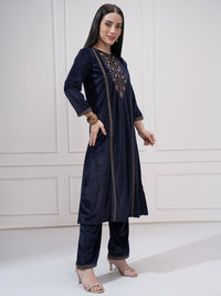 Vishudh Floral Yoke Design Round Neck Thread Work Straight Kurta With Trousers & Dupatta