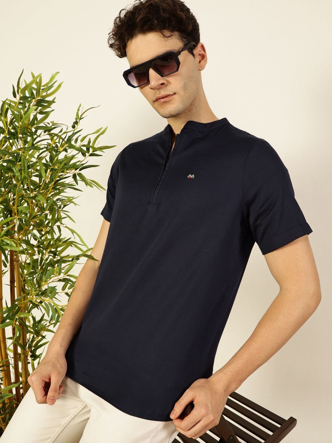 Thomas Scott Men Solid Mandarin Collar Cotton T-Shirt