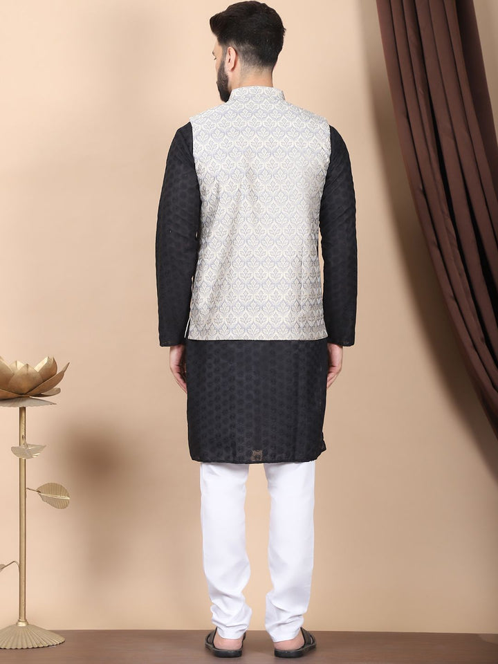 Anouk Black Floral Embroidered Thread Work Pure Cotton Kurta with Churidar & Nehru Jacket