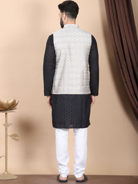 Anouk Black Floral Embroidered Thread Work Pure Cotton Kurta with Churidar & Nehru Jacket