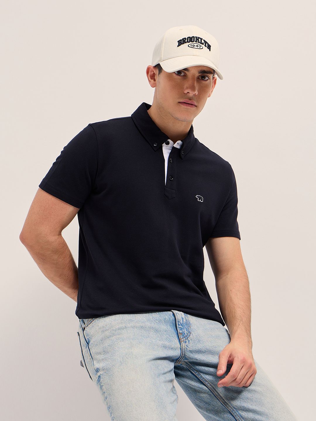 THE BEAR HOUSE Solid Polo Collar Pure Cotton T-shirt