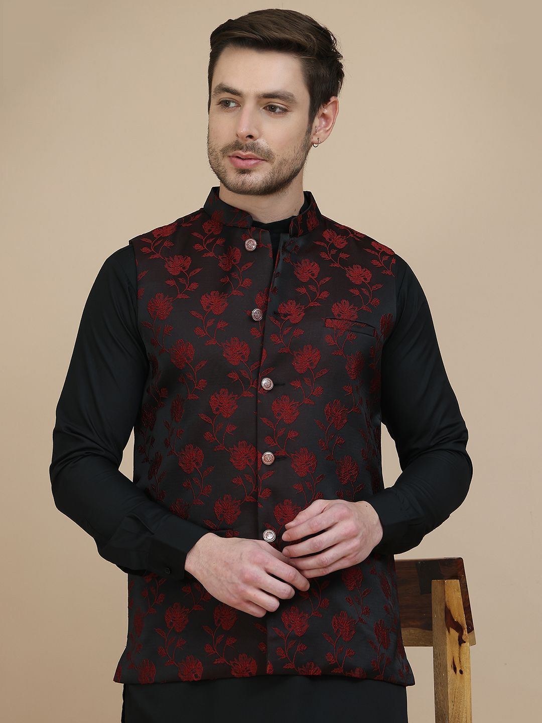 Jompers Embossed Woven Design Nehru Jacket