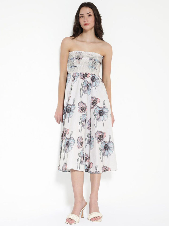 Rareism Off Shouler Floral Printed Cotton Fit & Flare Midi Dress
