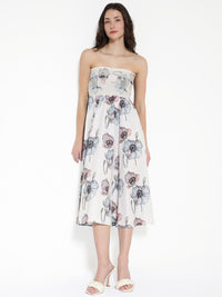 Rareism Off Shouler Floral Printed Cotton Fit & Flare Midi Dress