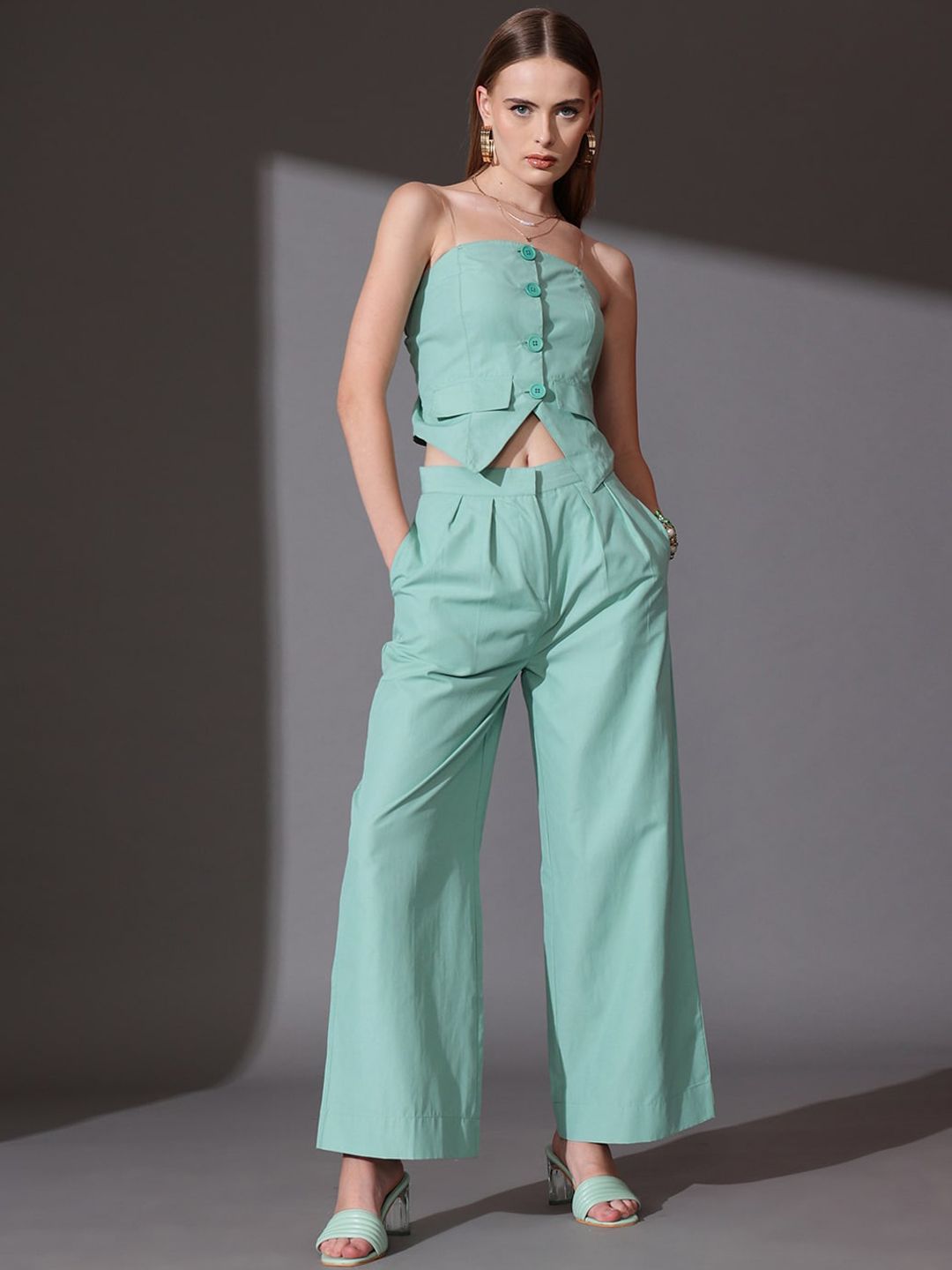 STREET 9 Solid Off Shoulder Pure Cotton Top & Trousers Co-Ord Set