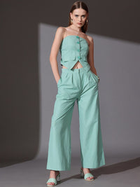 STREET 9 Solid Off Shoulder Pure Cotton Top & Trousers Co-Ord Set