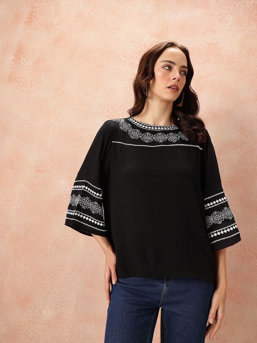 all about you Embroidered Flared Sleeve Top