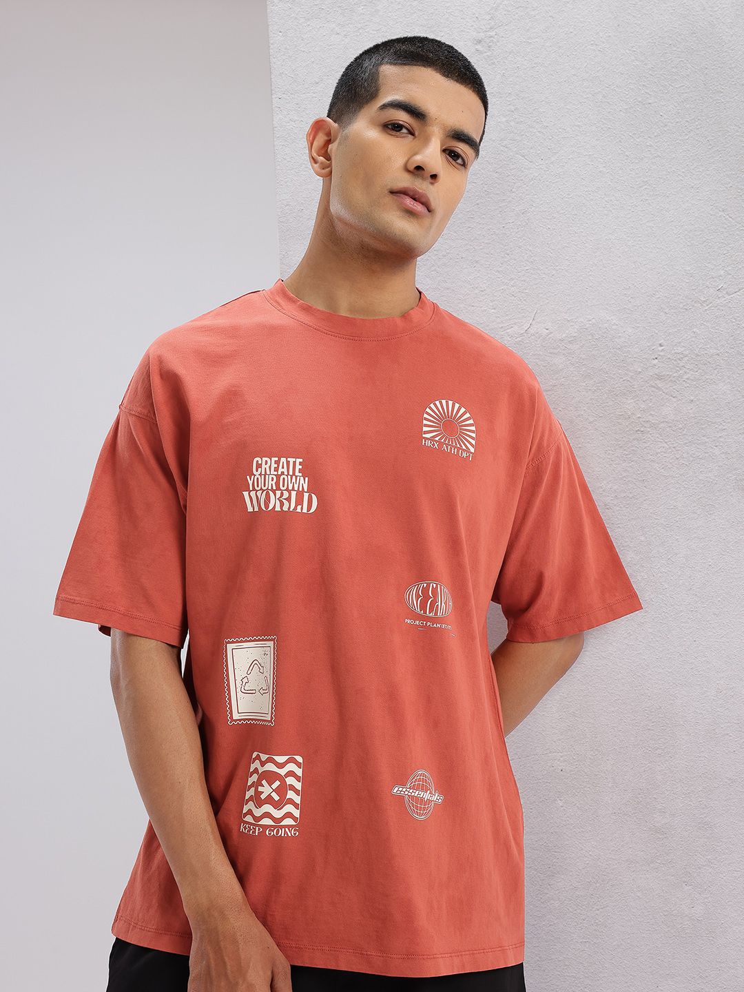 HRX by Hrithik Roshan Printed Drop-Sleeves Pure Cotton Oversized Lifestyle T-shirt