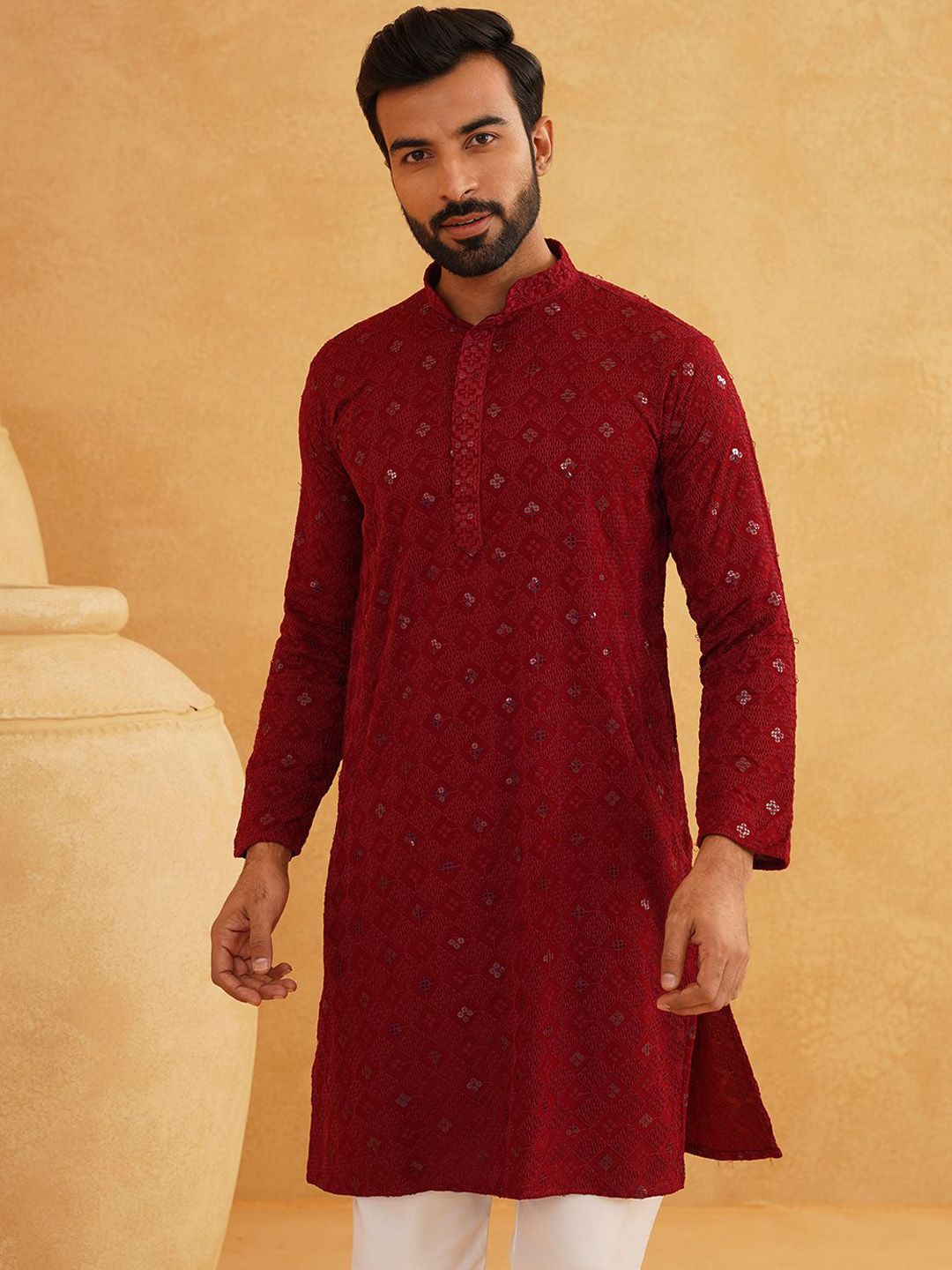 SOJANYA Geometric Embroidered Regular Sequinned Pure Cotton Kurta With Churidar