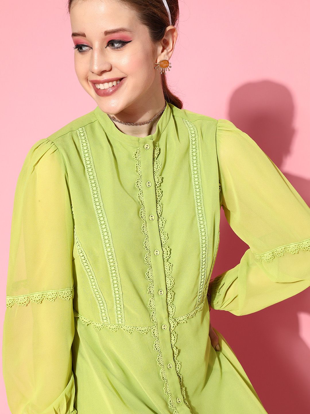 SASSAFRAS Women Attractive Lime Green Solid Feminine Frills Dress