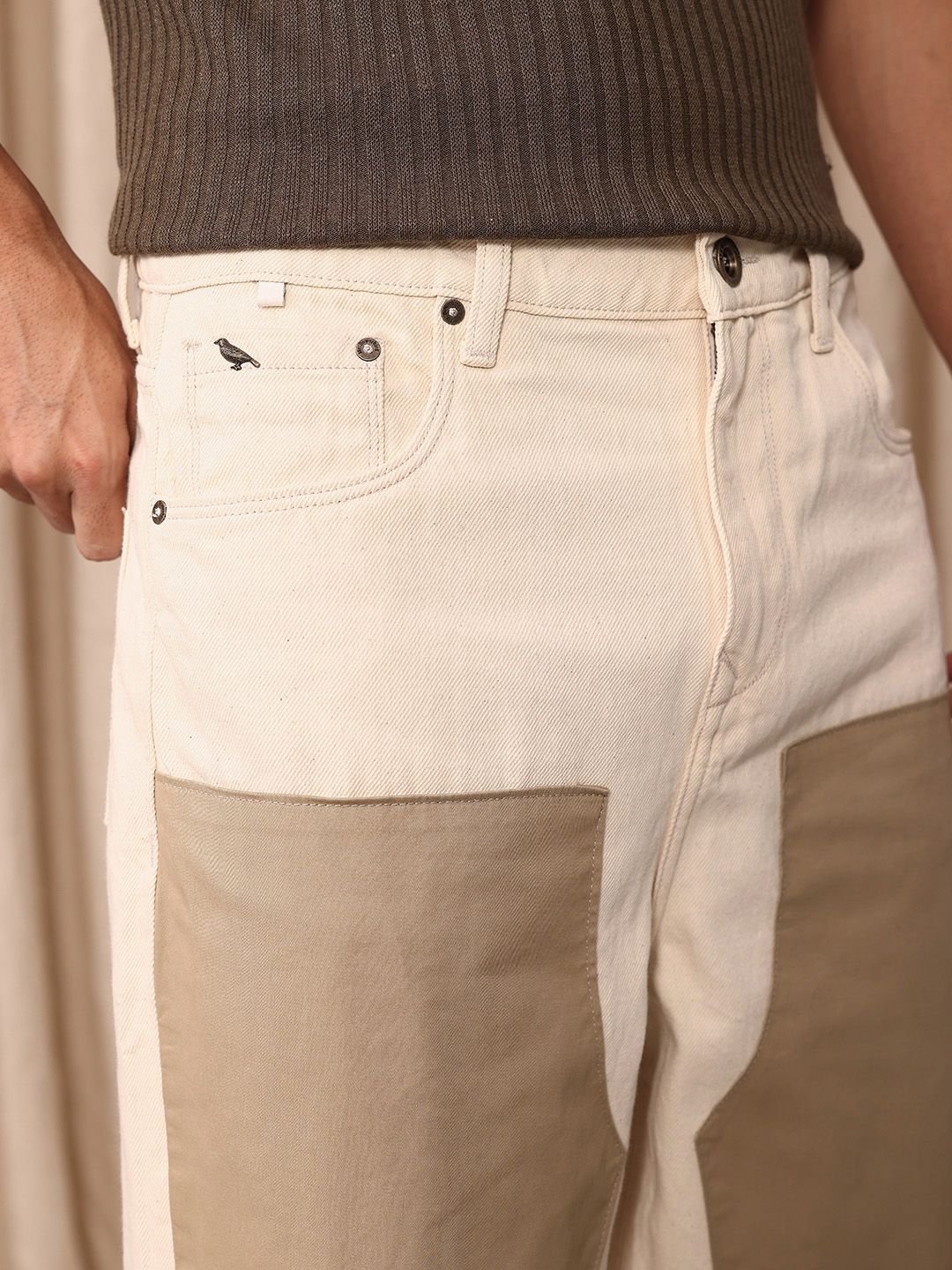 Mr Bowerbird Men Pure Cotton Oversized Jeans With Patch Work Detail