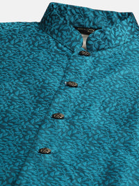 SOJANYA Men Blue Jacquard Silk Kurta with Churidar & Nehru Jacket