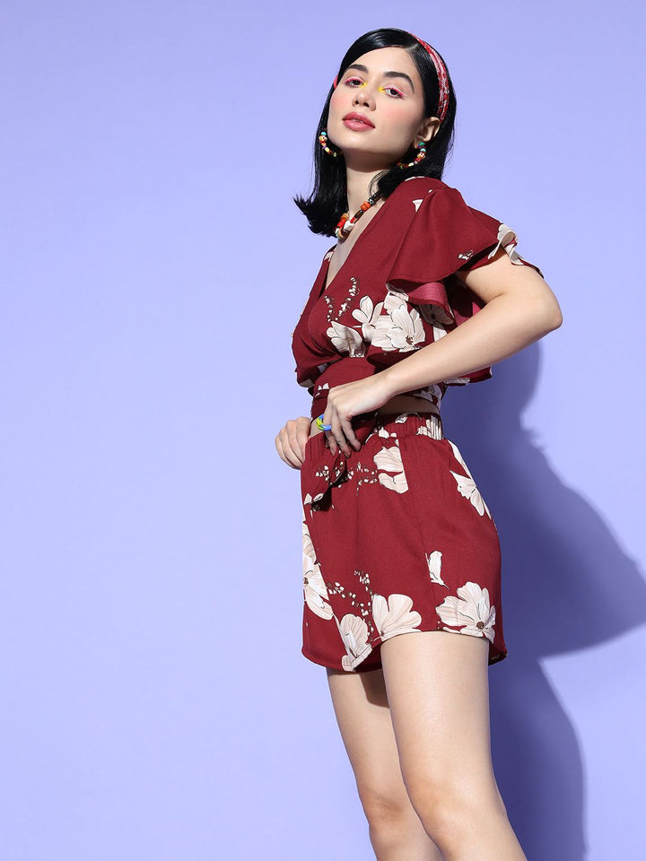 Berrylush Women Charming Maroon Printed Top with Shorts