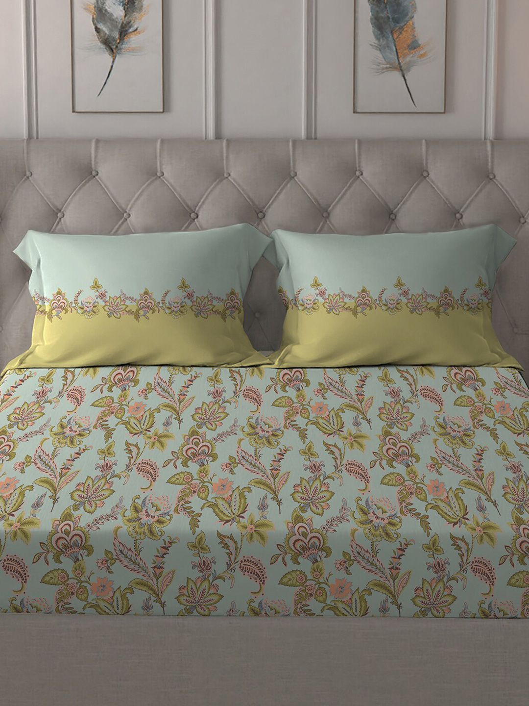 MYTRIDENT Blue  White Floral Pure Cotton 144 TC Queen Bedsheet With 2 Pillow Covers
