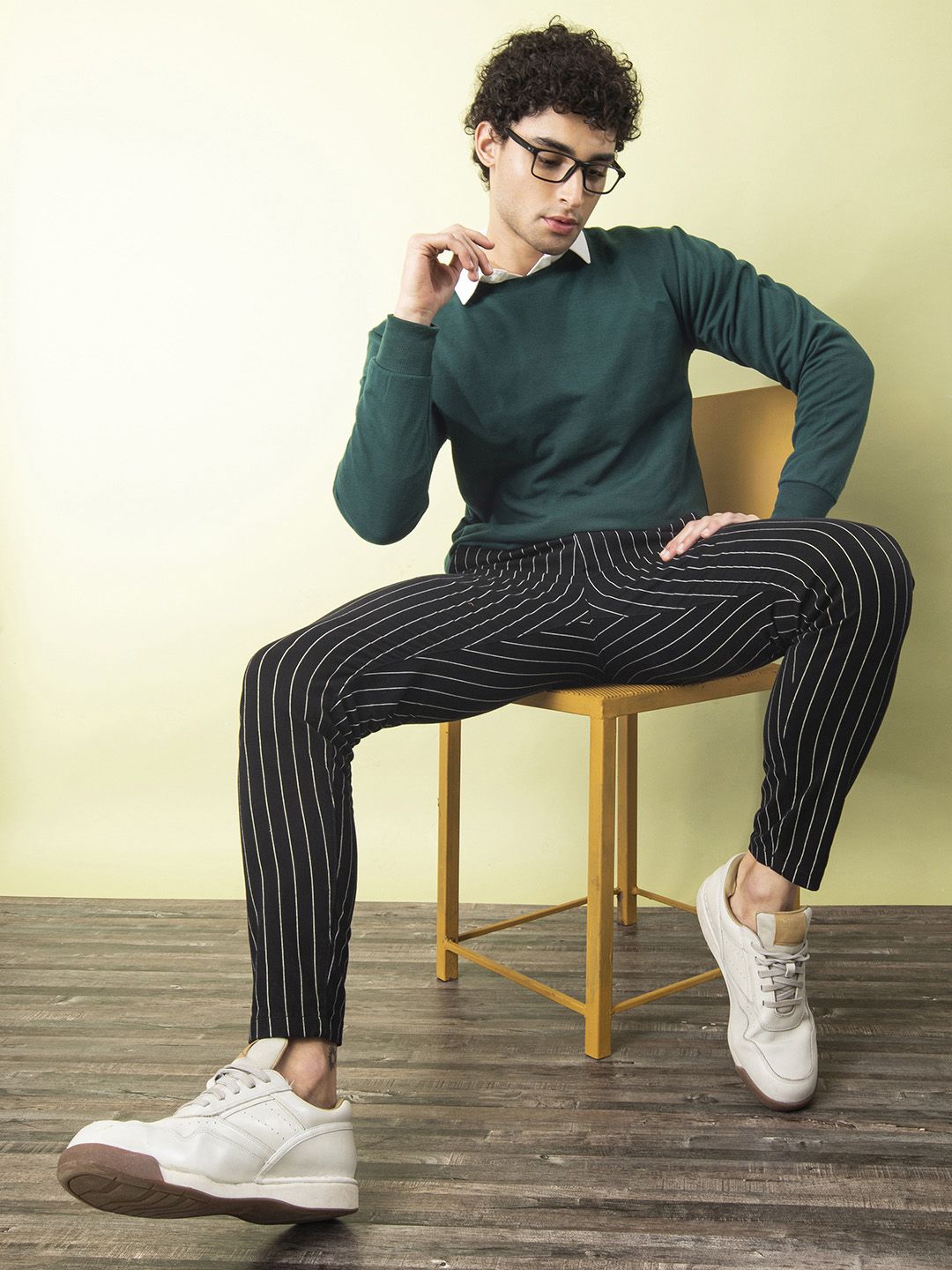 The Indian Garage Co Men Black & White Slim Fit Striped Regular Trousers