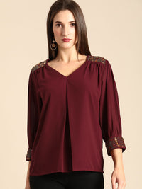 all about you Women Maroon Studded Regular Top