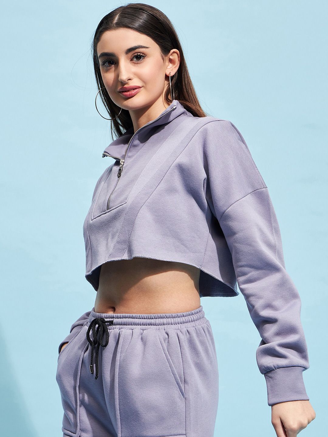 STREET 9 Lavender Mock Collar Crop Pure Cotton Sweatshirt