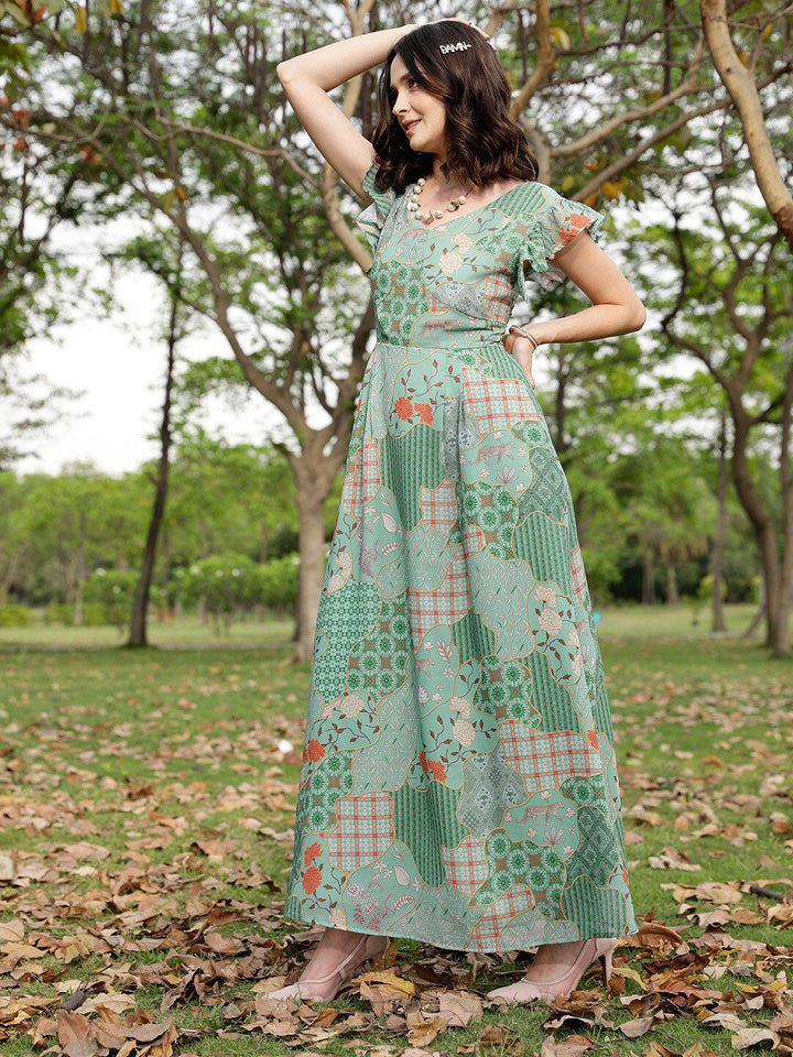 STREET 9 Green Floral Print Flutter Sleeve Georgette A-Line Dress