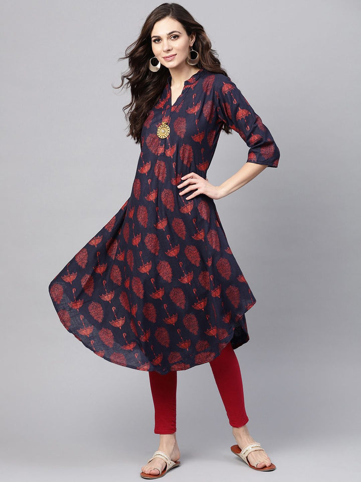 SOJANYA Kurta A-Line Bercetak Biru Laut & Merah Wanita Navy