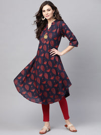 SOJANYA Kurta A-Line Bercetak Biru Laut & Merah Wanita Navy