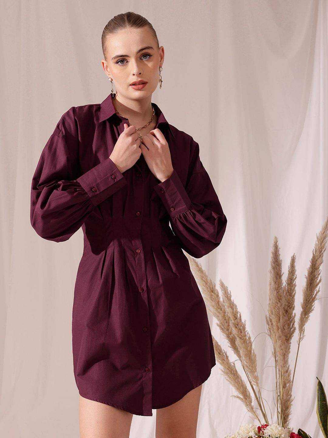 STREET 9 Spread Collar Pleated Pure Cotton Shirt Mini Dress