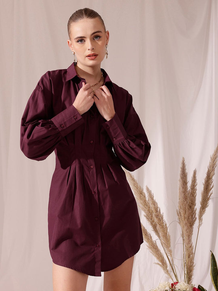 STREET 9 Spread Collar Pleated Pure Cotton Shirt Mini Dress