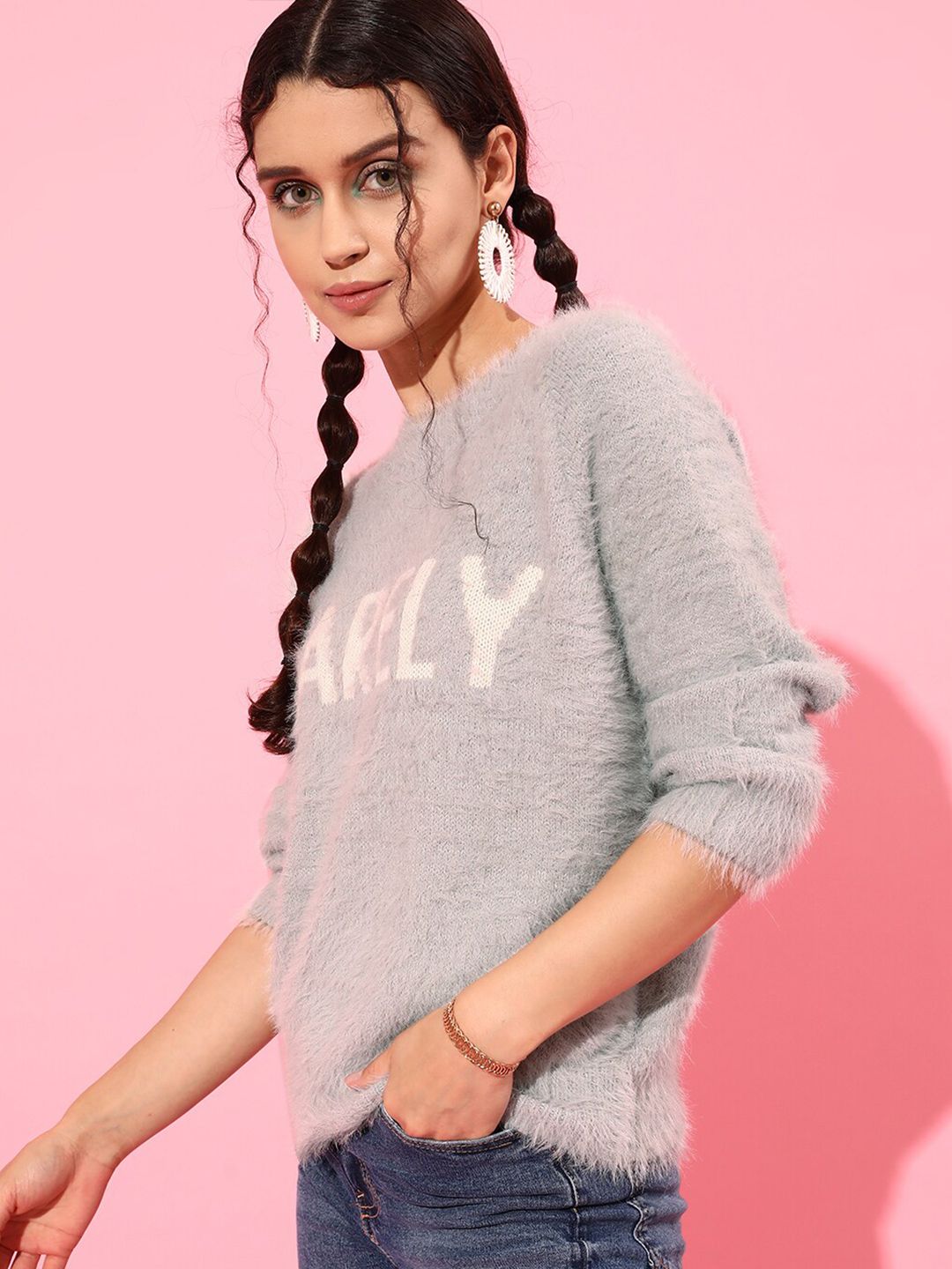 STREET 9 Women Grey Typography Sweater