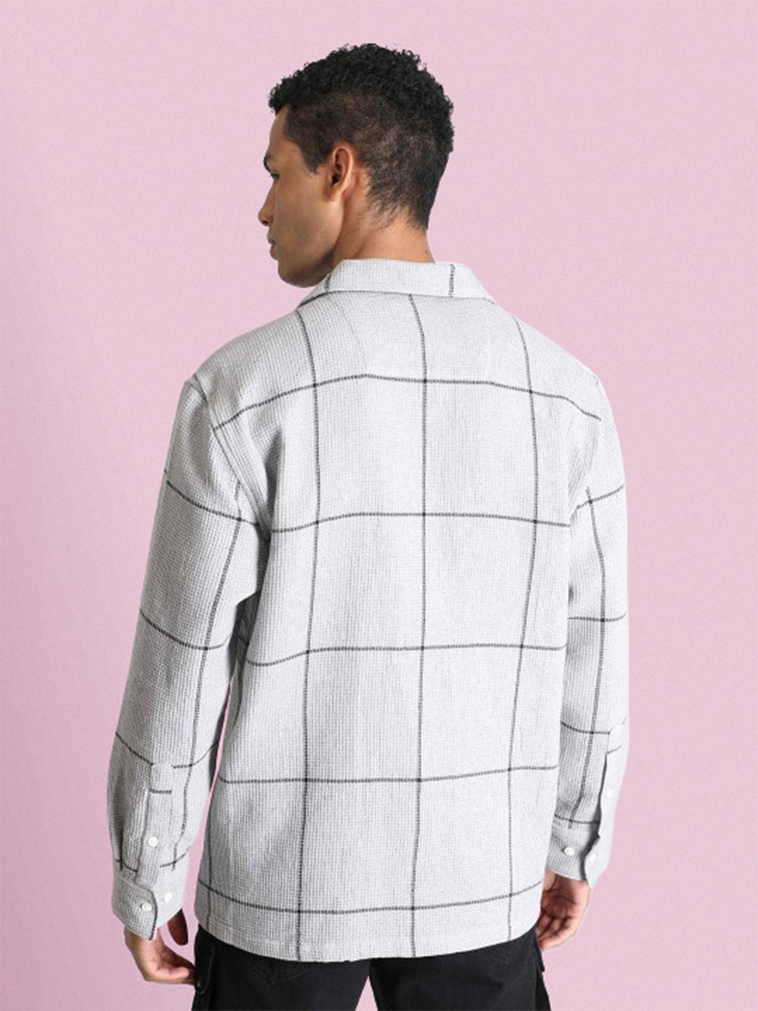 Bene Kleed Men Classic Cuban Collar Windowpane Checked Cotton Relaxed Fit Casual Shirt