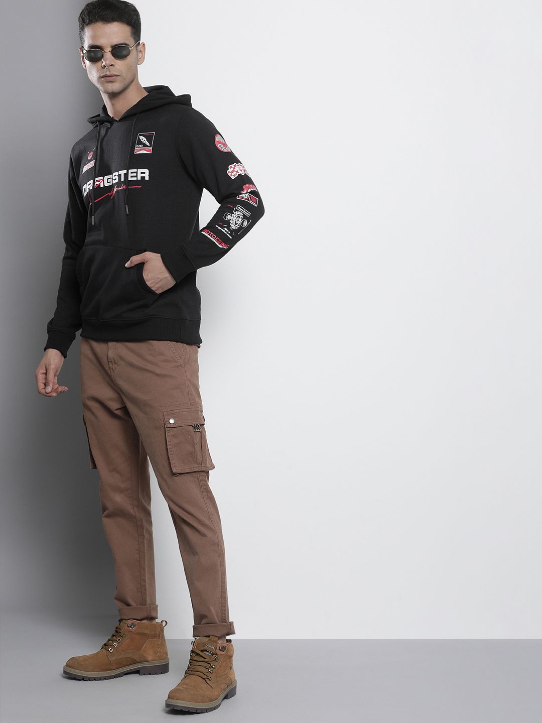 The Indian Garage Co Men Black Printed Hooded Sweatshirt