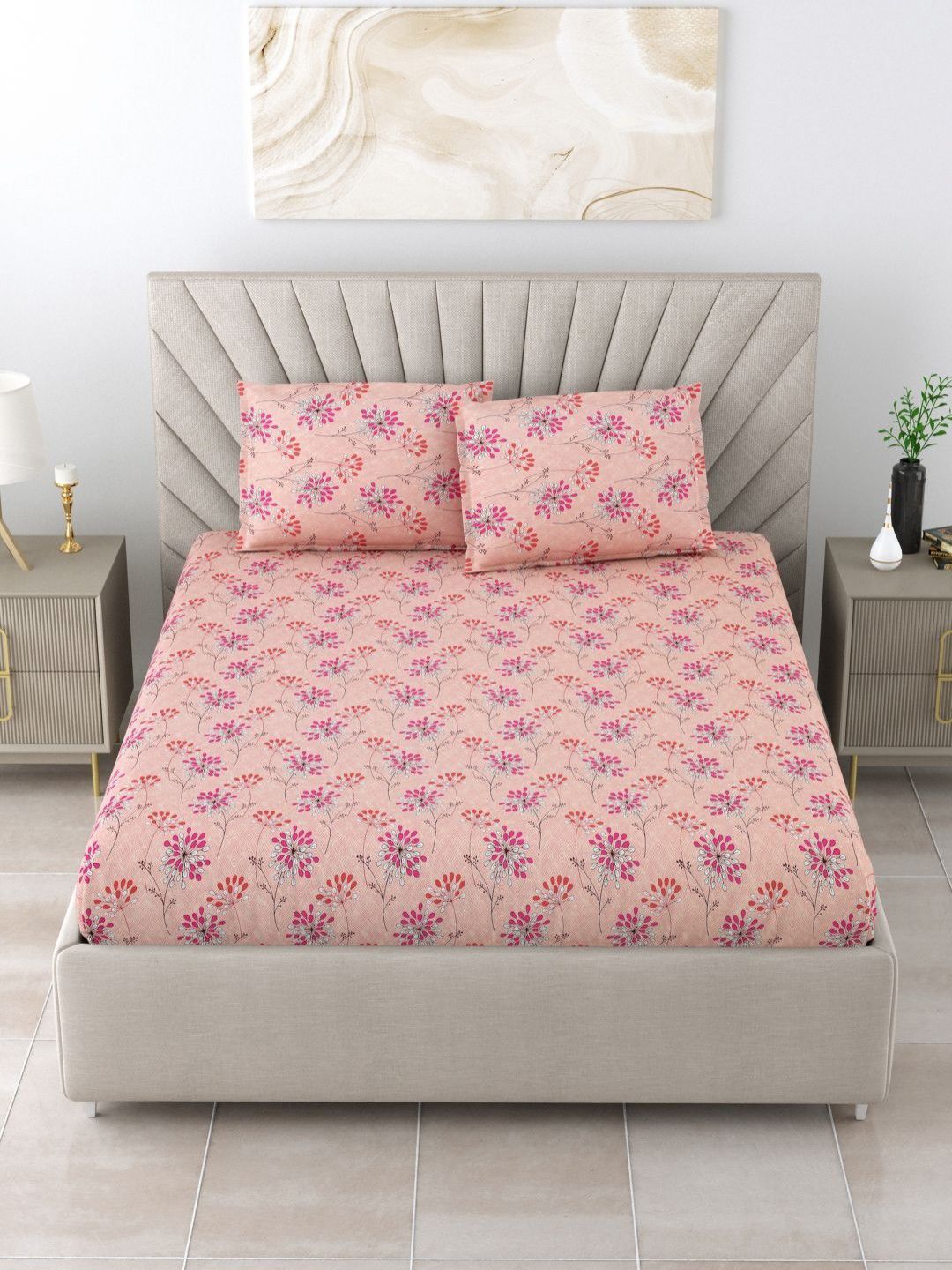 BOMBAY DYEING Red Floral Pure Cotton 120 TC Queen Bedsheet Set 2.24 x 2.54 Mts