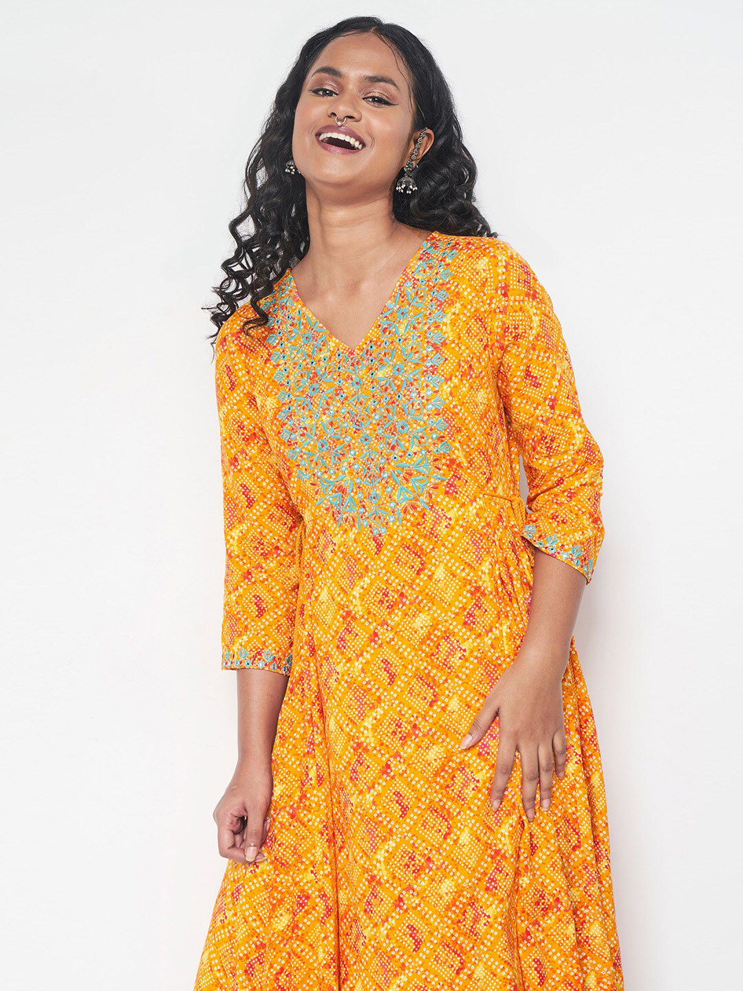 Global Desi Bandhani Printed Thread Work Kurta with Trousers