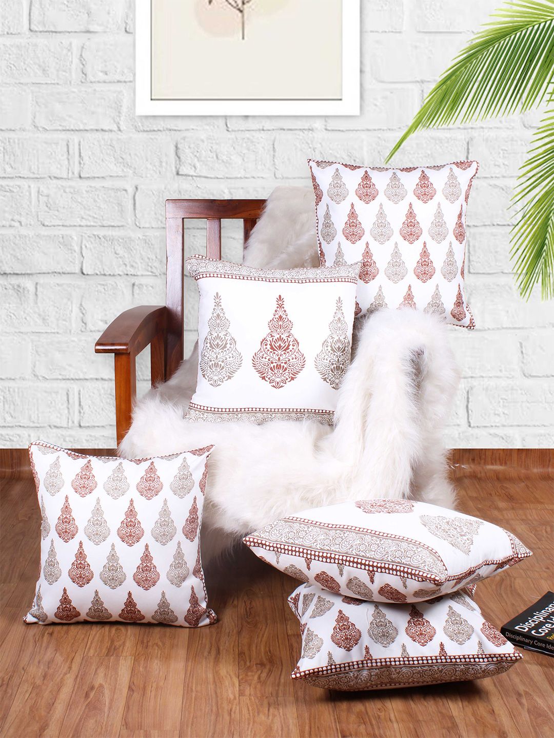 STITCHNEST White & Brown 2 Pieces Square Cushion Covers