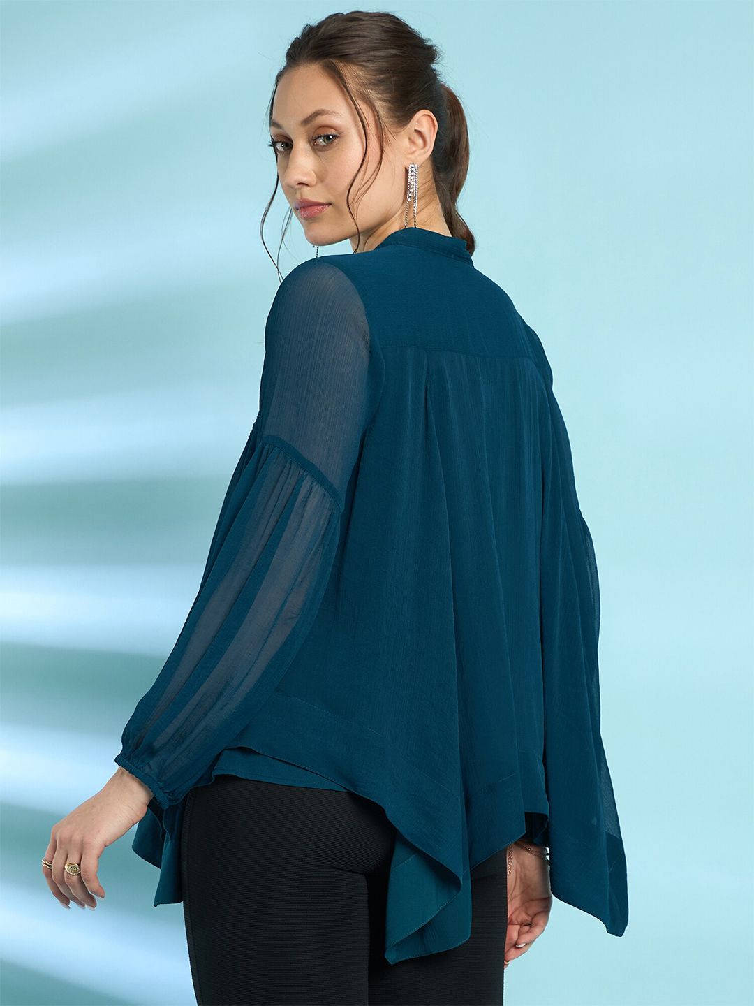 Antheaa Embellished Mandarin Collar Bell Sleeve Chiffon Top