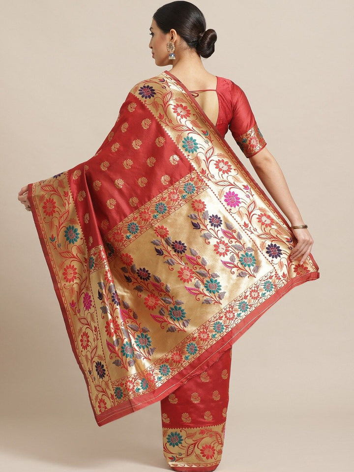 Saree mall Rust & Gold-Toned Floral Zari Silk Blend Handloom Sarees