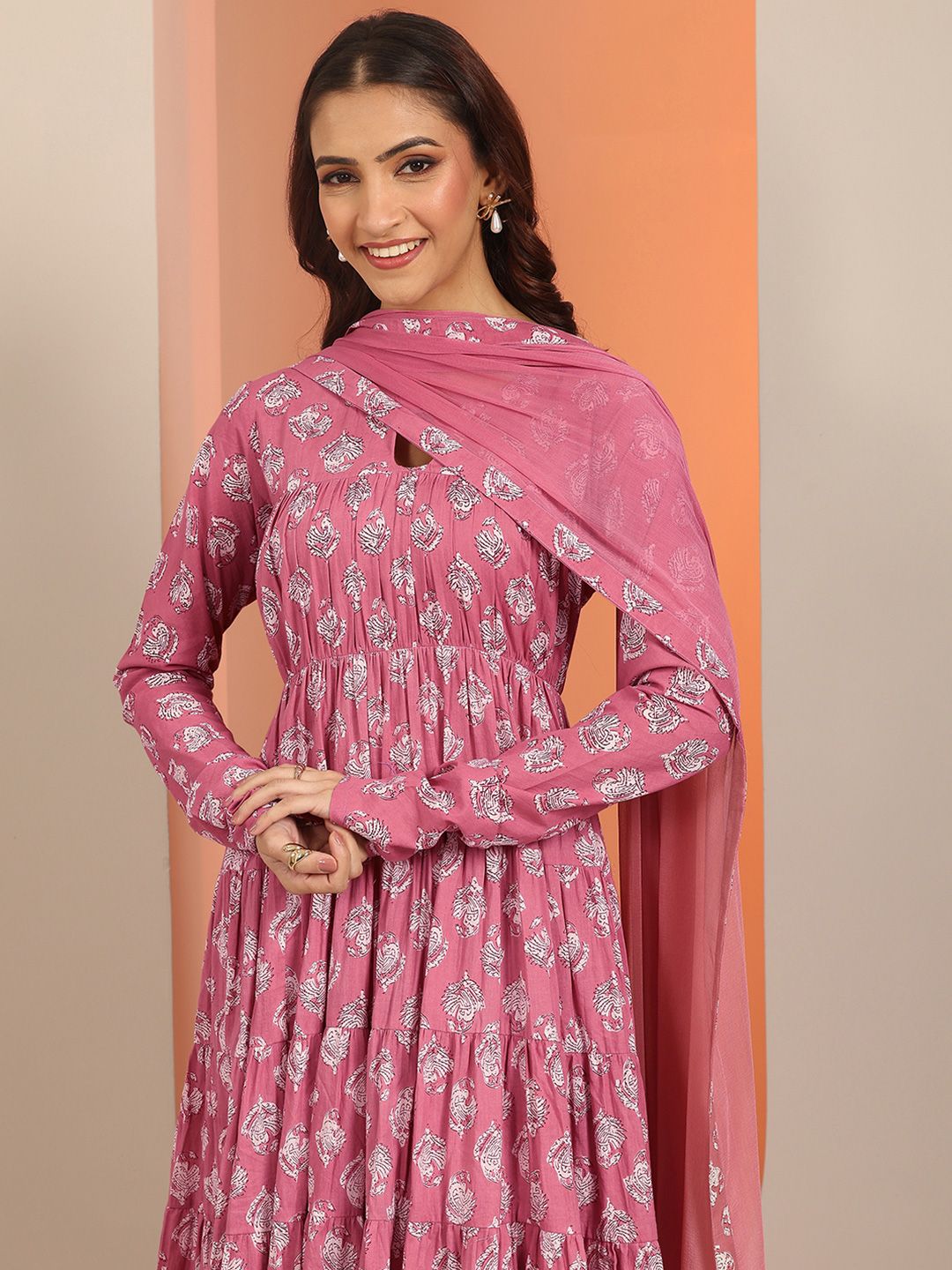 Libas Womens Mauve Printed Cotton Anarkali Kurta With Churidar & Dupatta