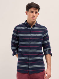 THE BEAR HOUSE Men Button-Down Collar Horizontal Striped Cotton Slim Fit Casual Shirt