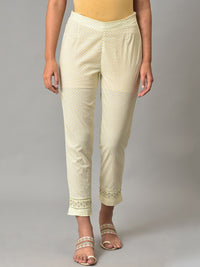 W Women White & Green Geometric Printed Mid Rise Pure Cotton Cropped Trousers