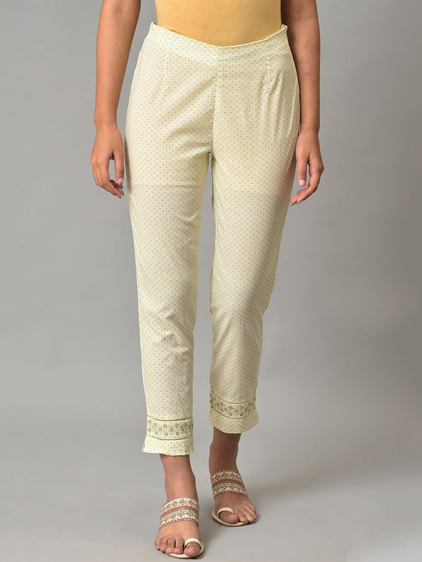 W Women White & Green Geometric Printed Mid Rise Pure Cotton Cropped Trousers