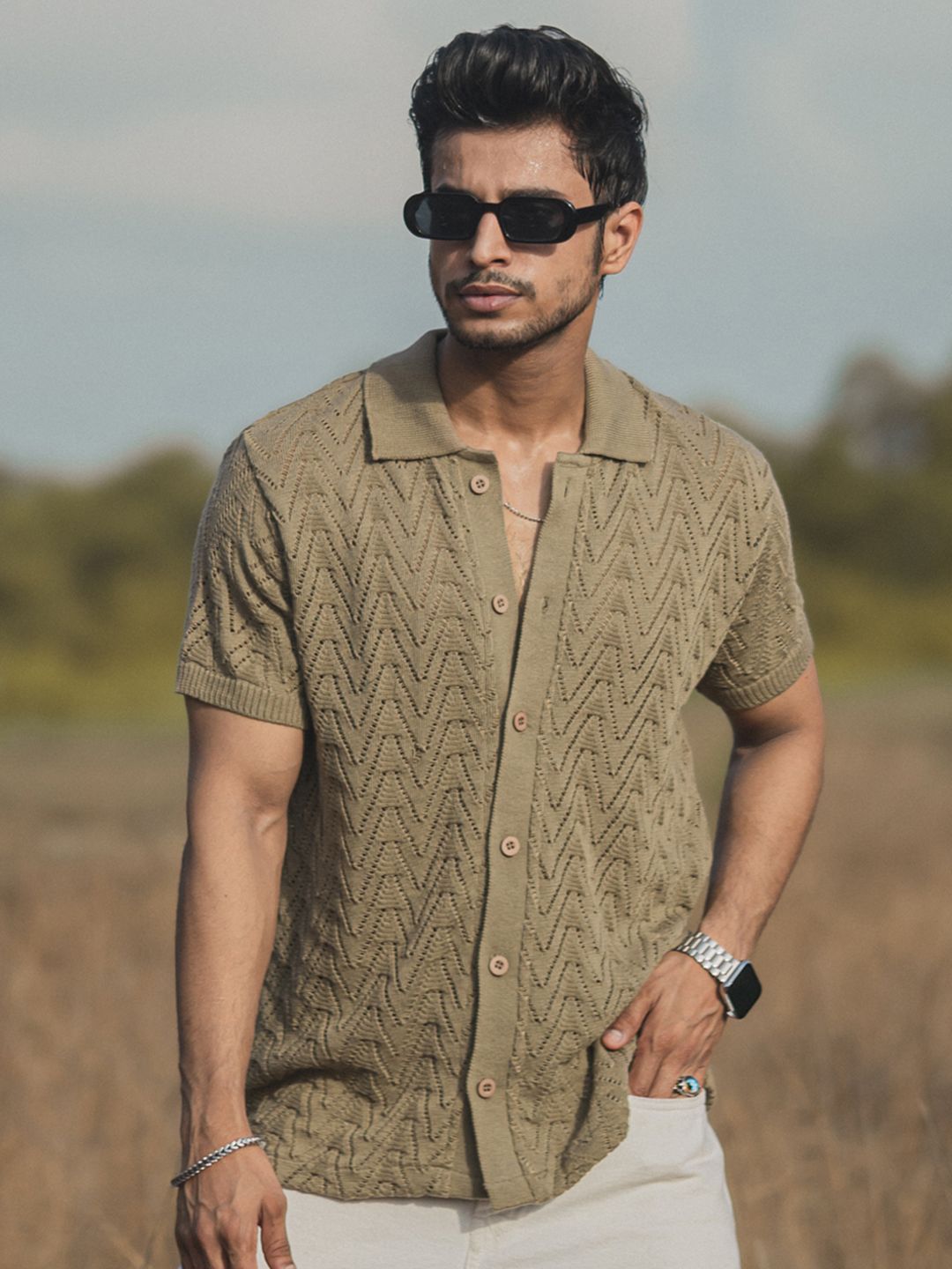 Powerlook Beige India Slim Geometric Self Design Spread Collar Casual Shirt