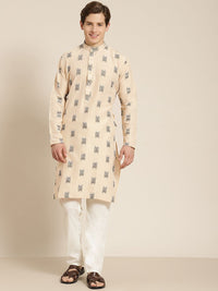 SOJANYA Men Beige & Black Pure Cotton Self Design Kurta