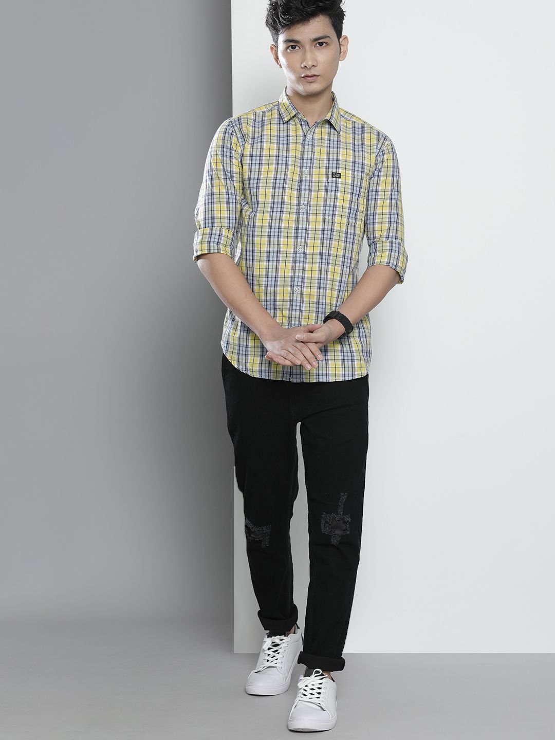 The Indian Garage Co Men Yellow Regular Fit Tartan Checks Opaque Checked Casual Shirt