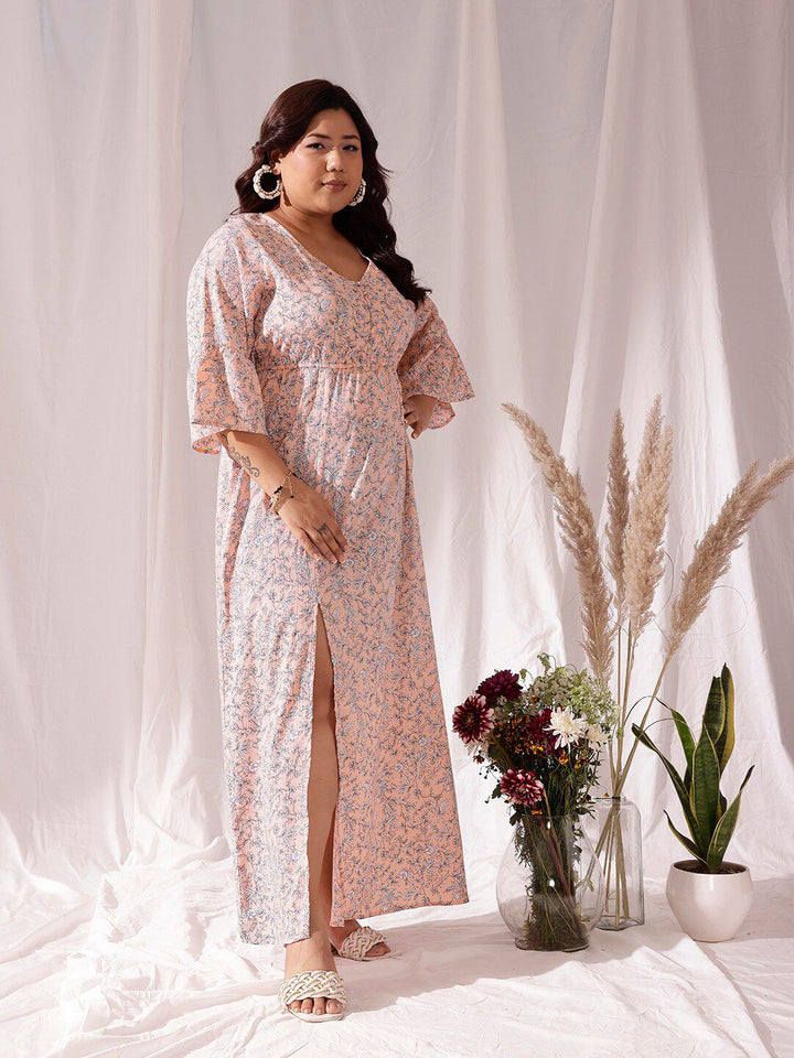 CURVY STREET Beige Floral Printed V-Neck Flared Sleeves Flared Fit & Flare Maxi Dress