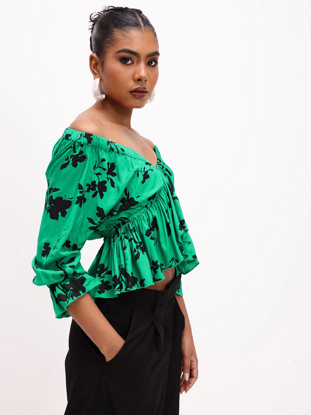 DressBerry leafy Floral Print Off-Shoulder A-Line Top
