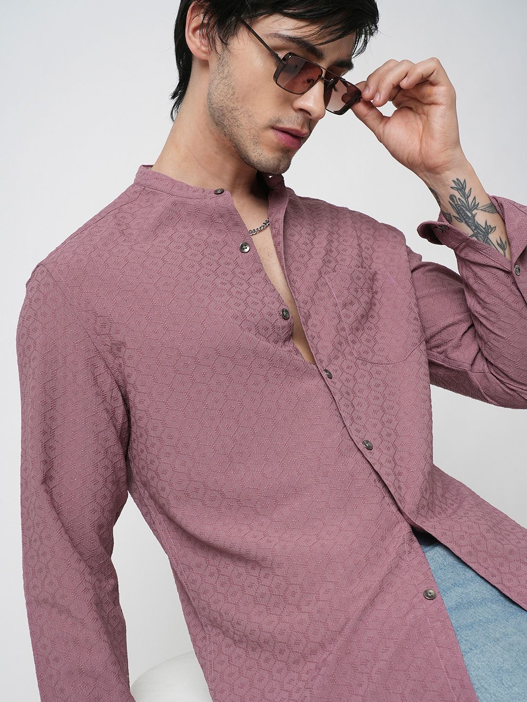 VASTRADO Men Classic Band Collar Textured Slim Fit Casual Shirt