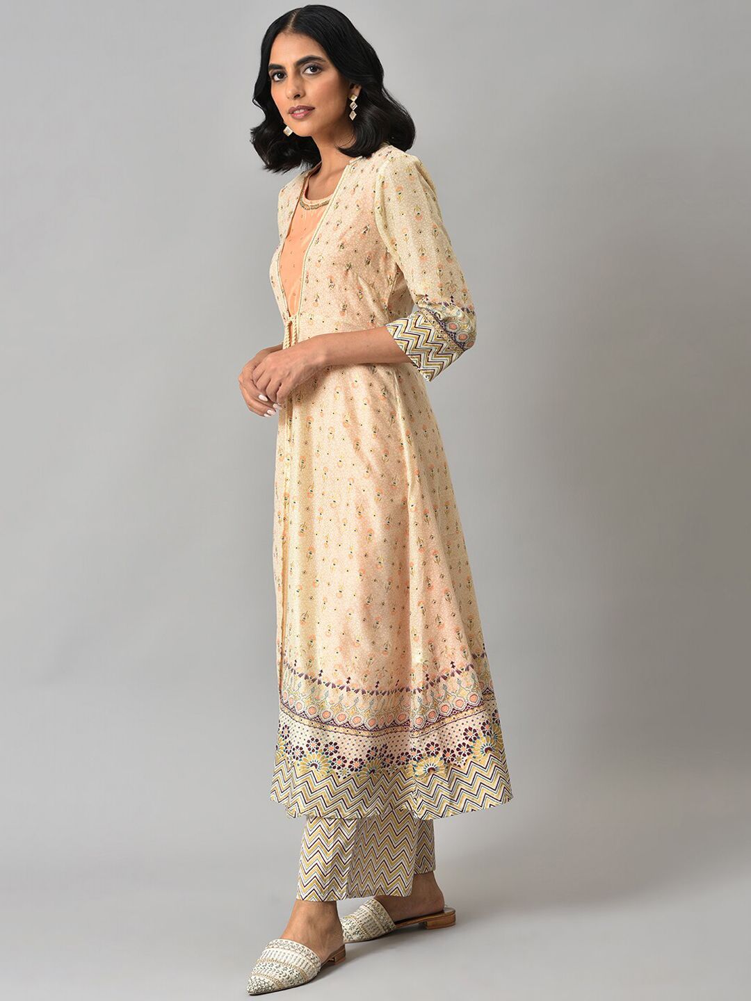 Aurelia Women Beige Geometric Print Poly Voile Kurta Set with Palazzos & Shrug