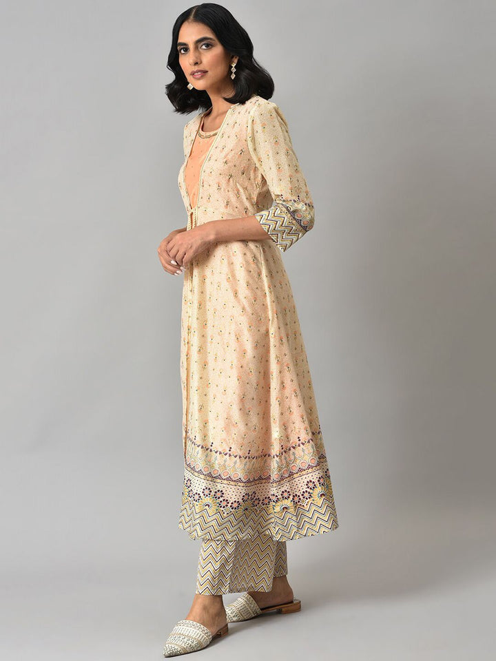 Aurelia Women Beige Geometric Print Poly Voile Kurta Set with Palazzos & Shrug