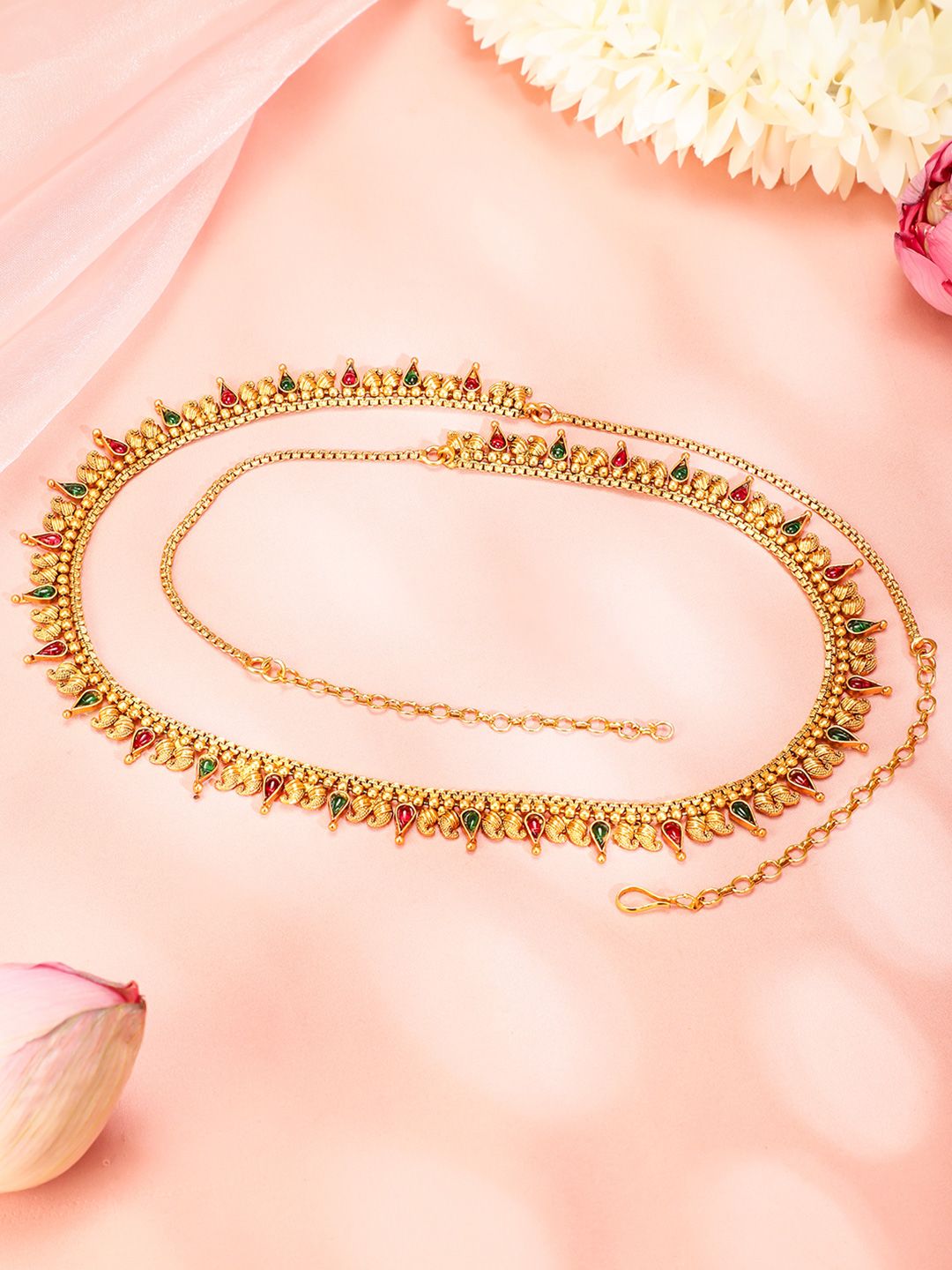 Rubans 22K Gold-Plated Ruby & Emerald Stones Studded Traditional Waist Chain Kamarbandh